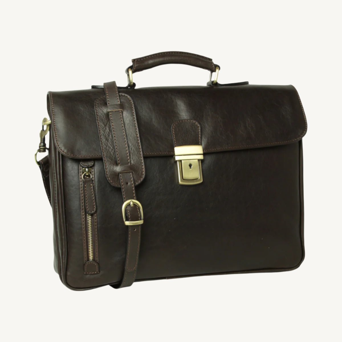 Full grain leather briefcase with clasp flap, laptop compartment, synthetic lining, phone pocket, pen holder, and removable leather shoulder strap.