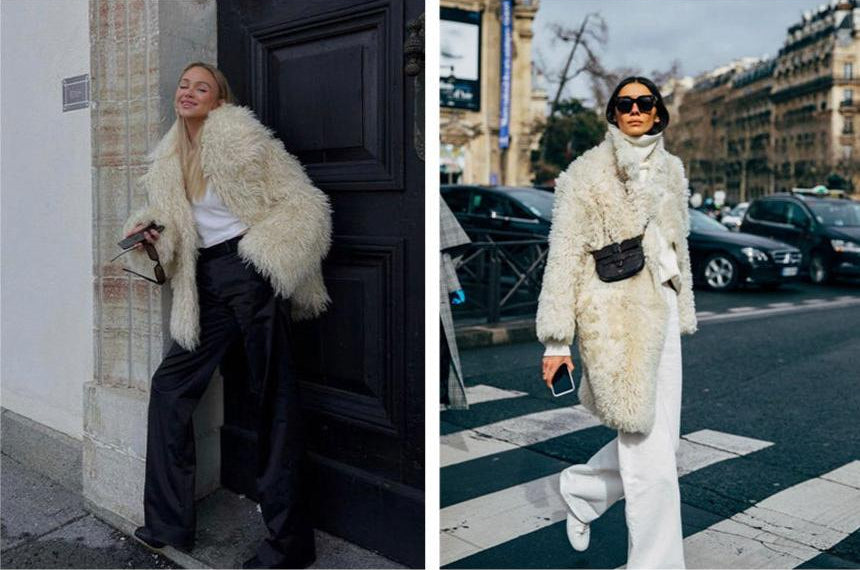 Two images of a person wearing a white fur coat in urban settings.