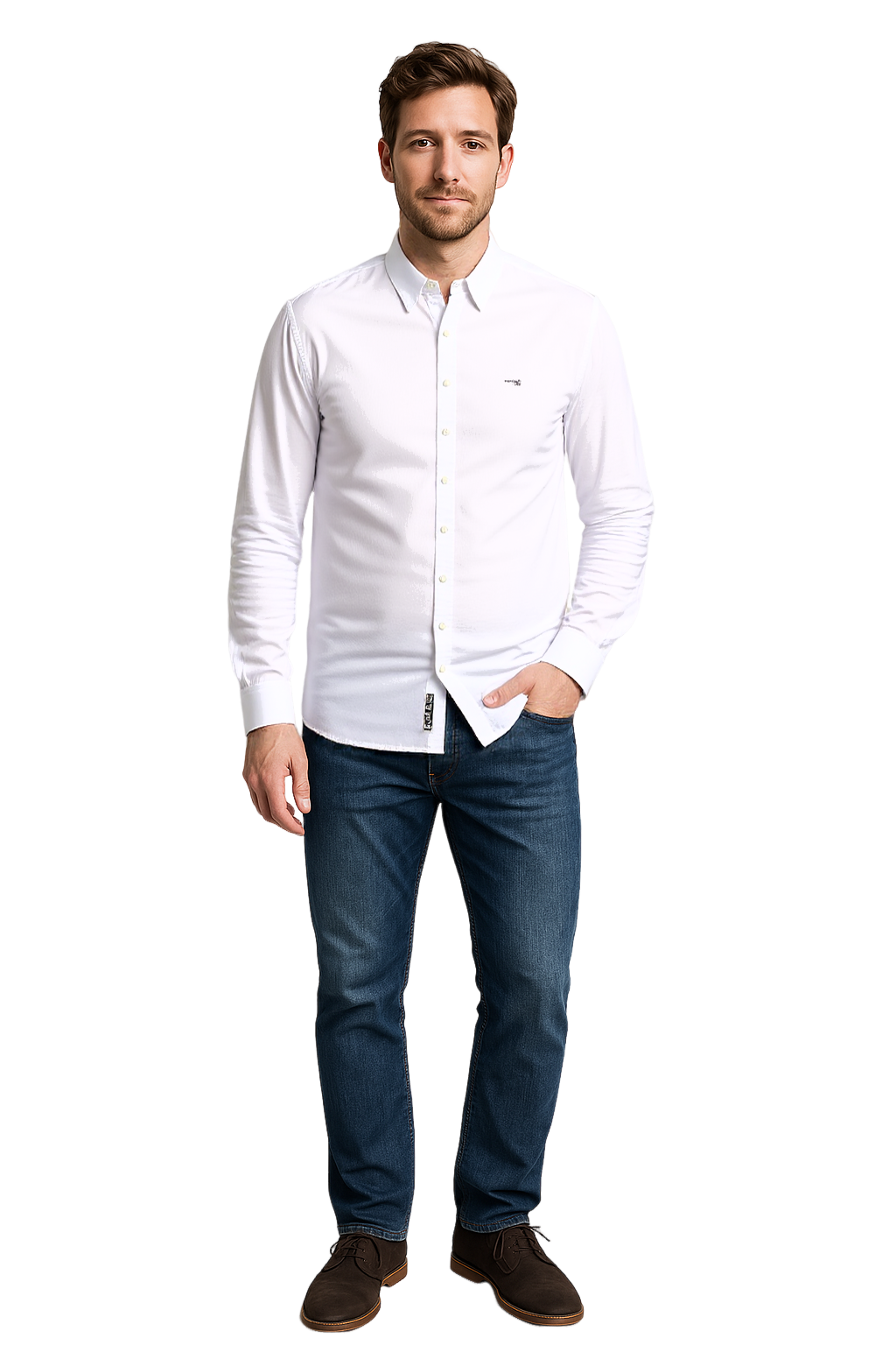 "White Dsquared2 shirt with a sleek, tailored fit, featuring a crisp collar and precise stitching, highlighting Italian craftsmanship and premium fabric quality."