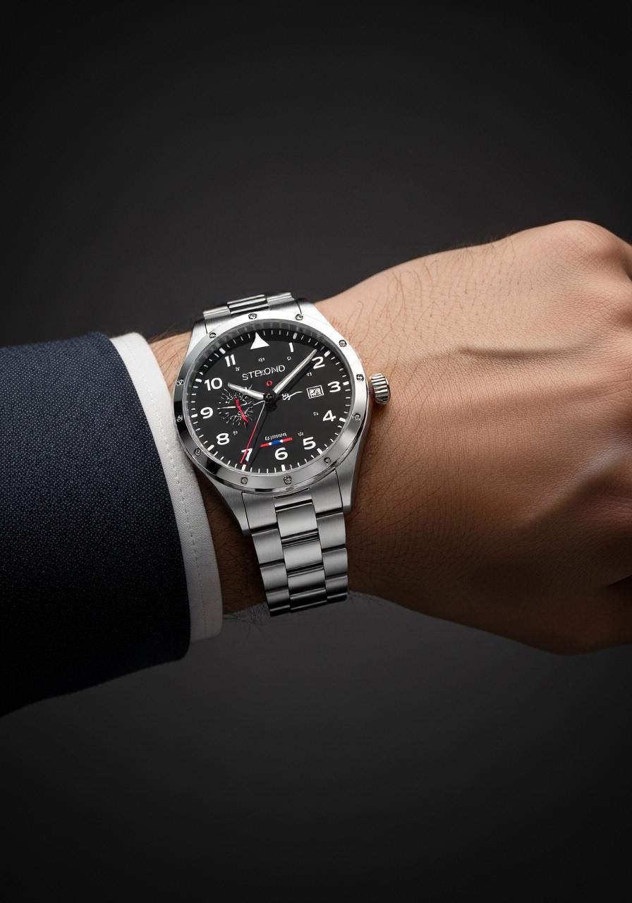 Wrist wearing a silver watch with a dark face on a dark background