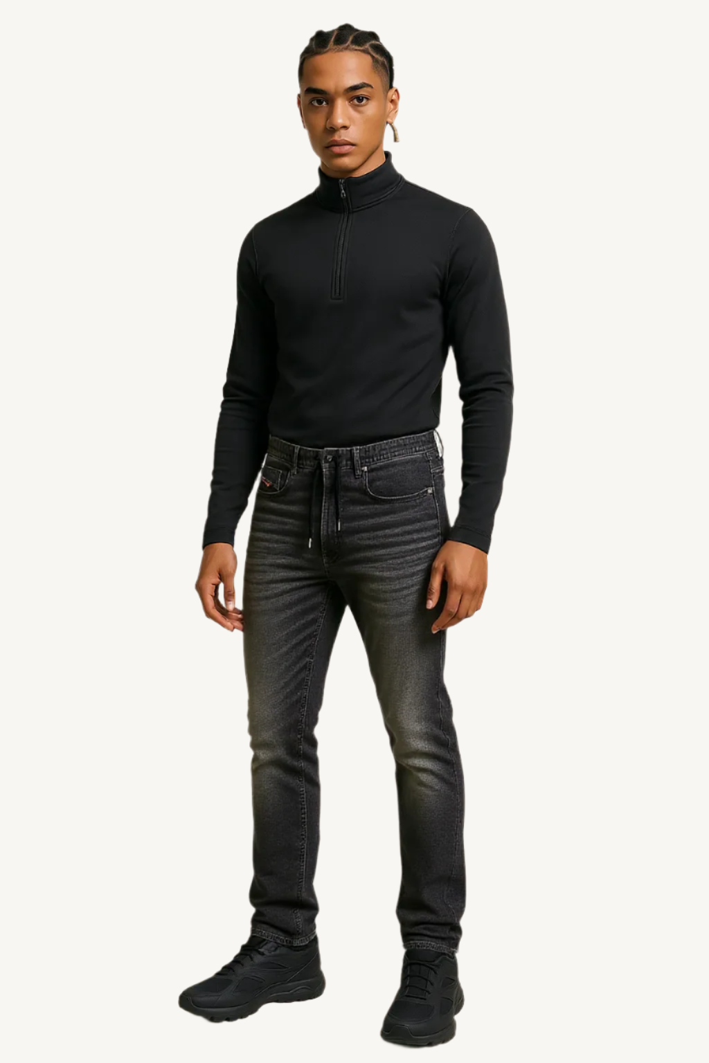 Diesel black jeans laid flat, featuring a slim fit with stretch fabric — blending modern edge with all-day comfort.