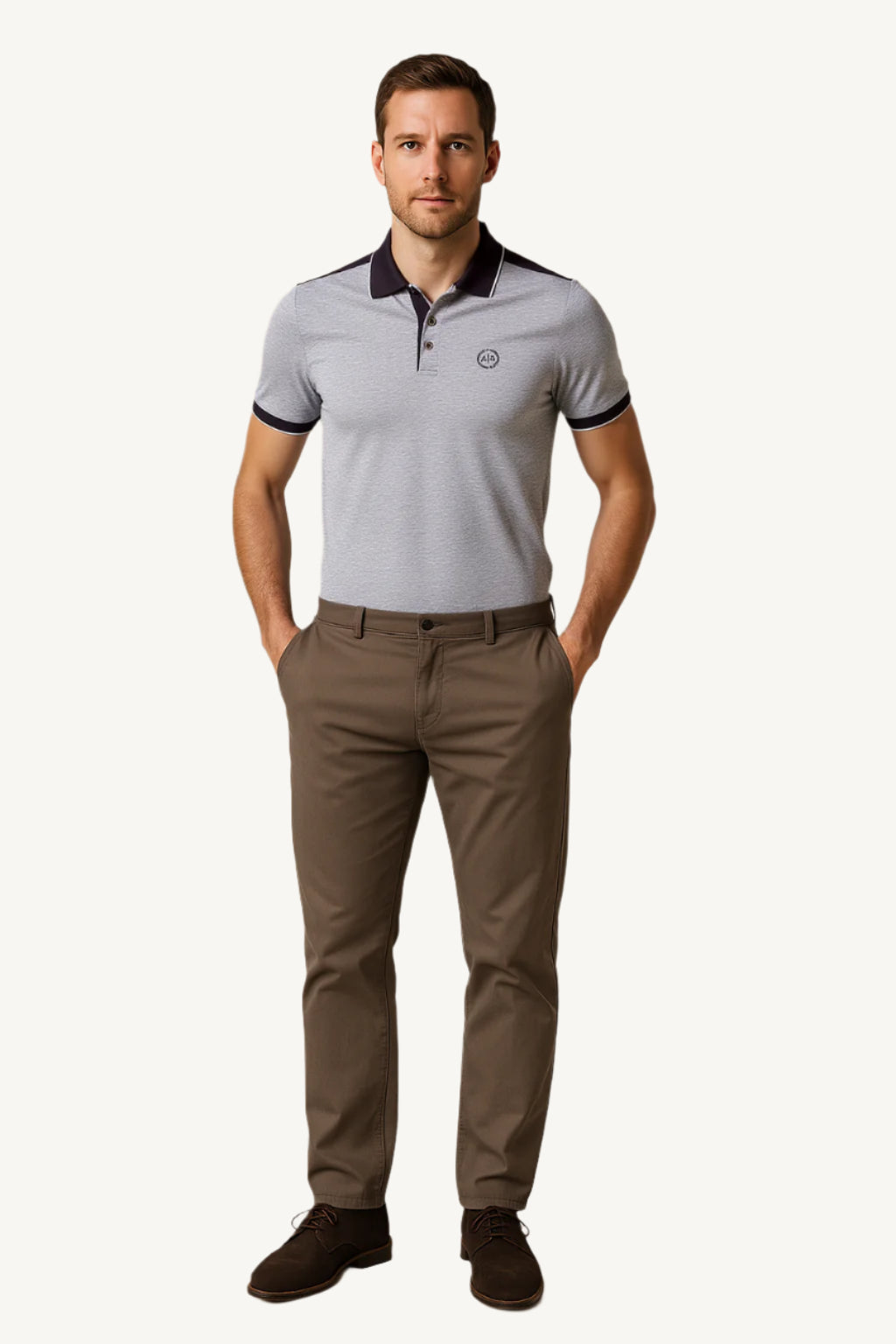Man wearing a light gray polo shirt with black accents and brown pants against a beige background