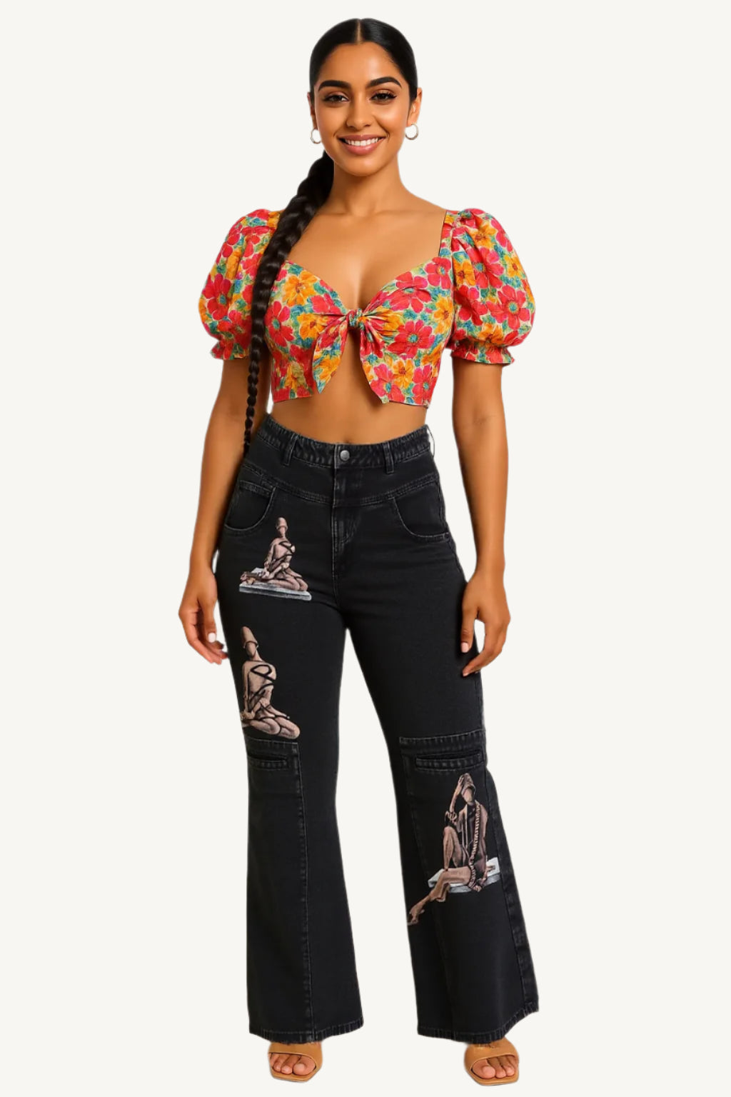 Woman wearing a colorful floral top and black jeans with embroidered designs on a white background