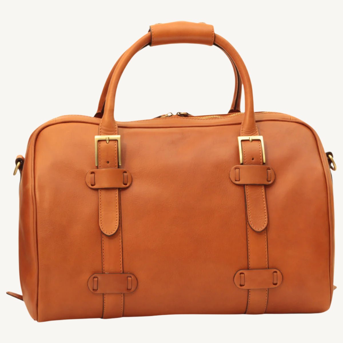 "Full-grain calfskin leather travel bag with synthetic lining, interior zip pocket, and padded adjustable strap – stylish and durable for travel"