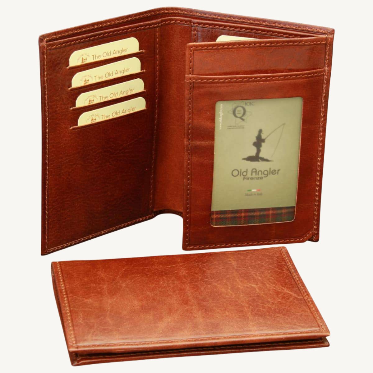 "100% Italian calf-skin leather wallet with ID window, one bill compartment, and 12 credit card slots – spacious and luxurious design"