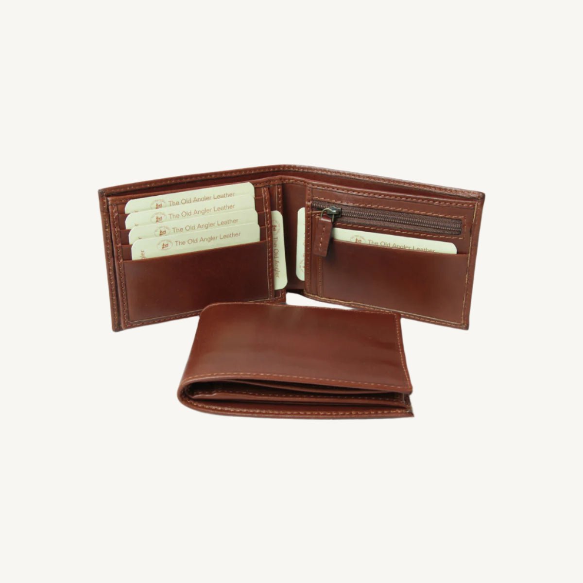 "Full grain leather wallet with RFID blocking, ID window, two bill compartments, eight card slots, zip coin pocket, and five stow pockets – functional and secure"