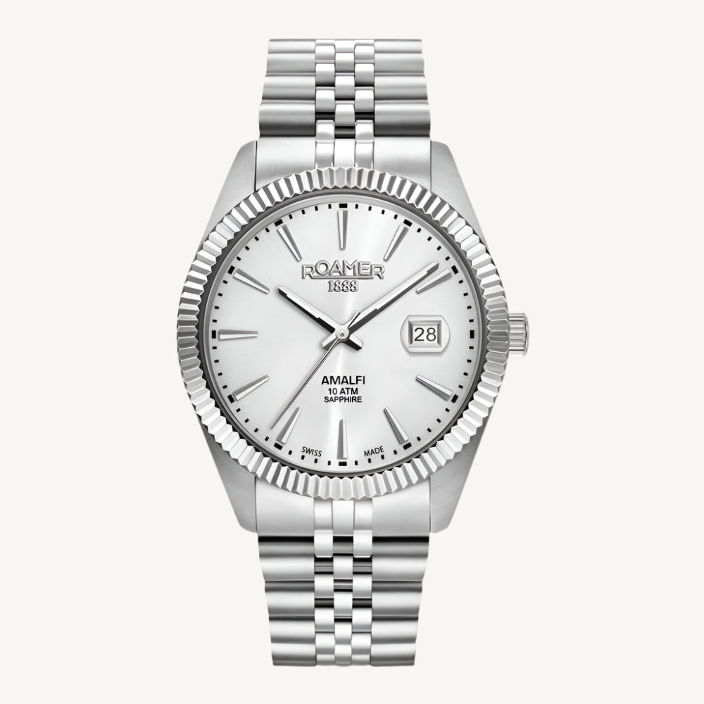 Roamer Amalfi Gents watch with full silver stainless steel strap, silver stone-set dial, and sapphire glass, Swiss made.