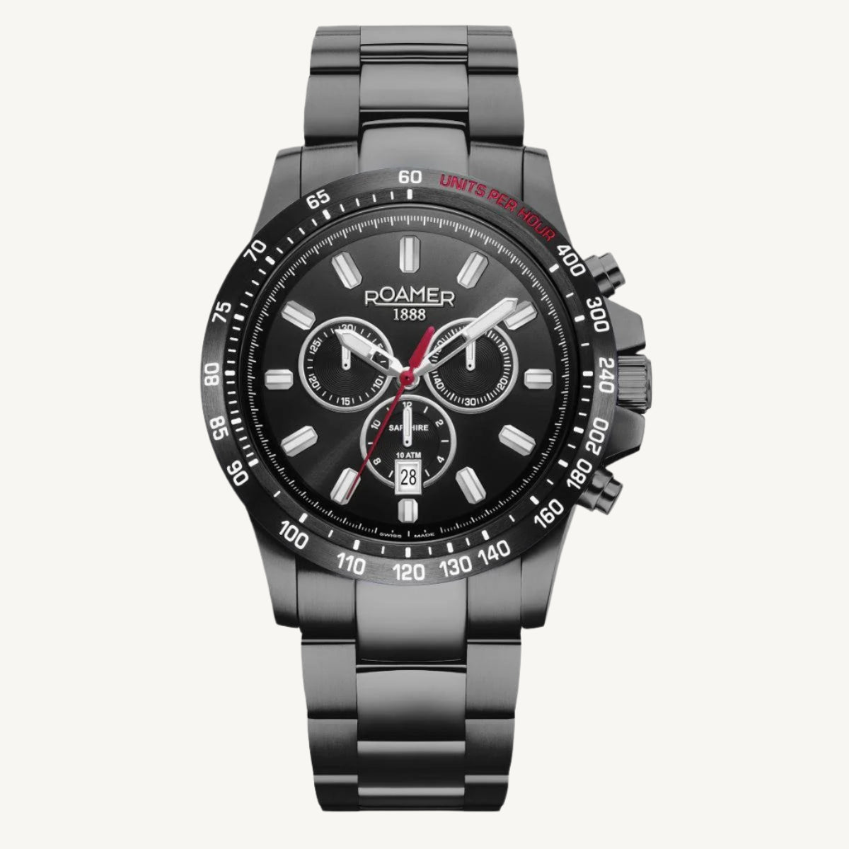 Roamer Rimini men’s chronograph watch with black dial, grey and black stainless steel strap, tachymeter and stopwatch function, Swiss made.