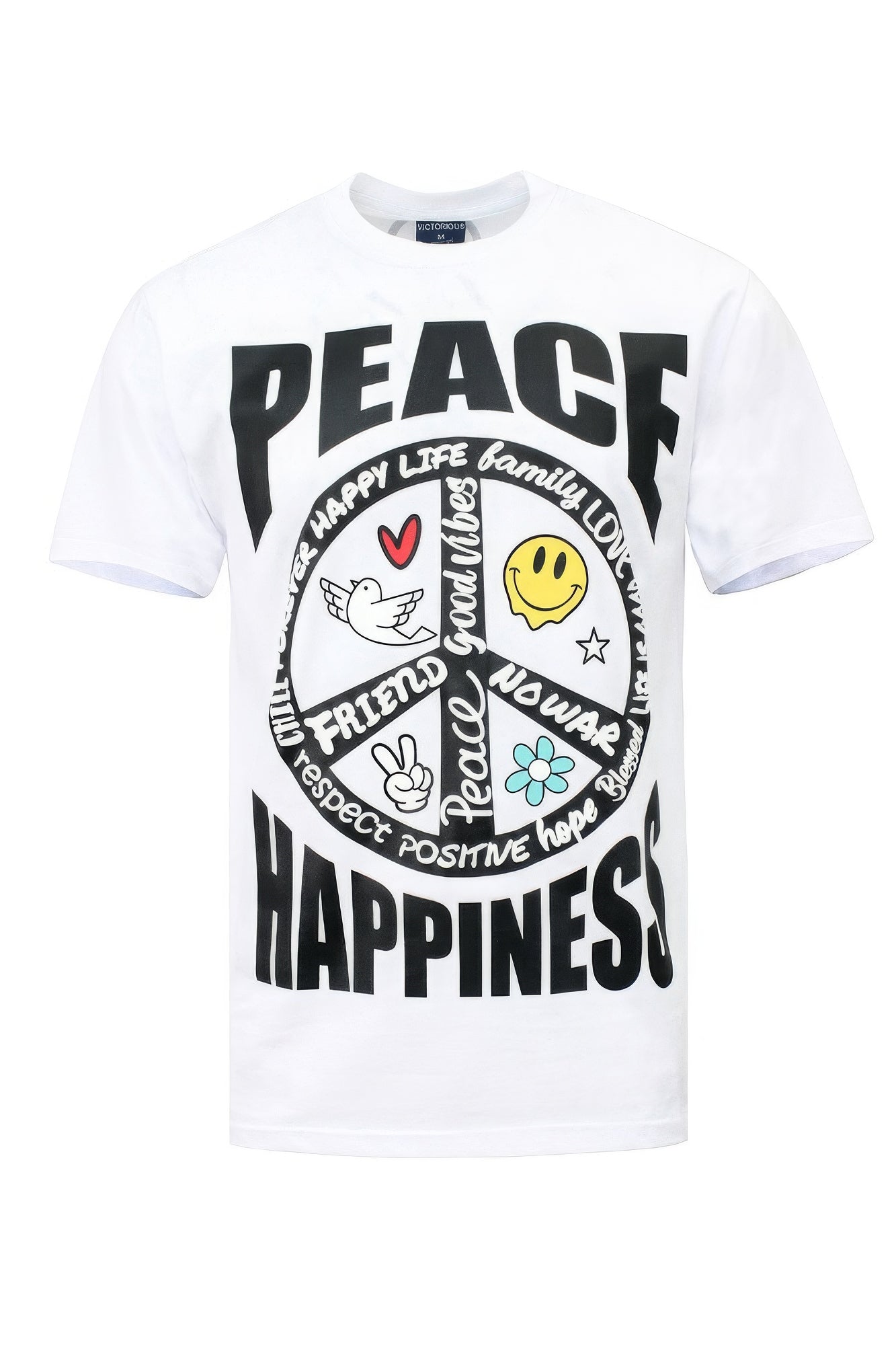 White t-shirt with black peace symbol and text on a white background