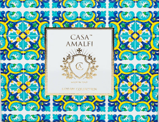 "Casa Amalfi Sailing Il Mediterraneo Gift Set featuring six luxurious 150g vegan soaps including a body scrub and a natural sisal bag, beautifully presented in an exclusive maiolica design inspired by the Amalfi Coast."