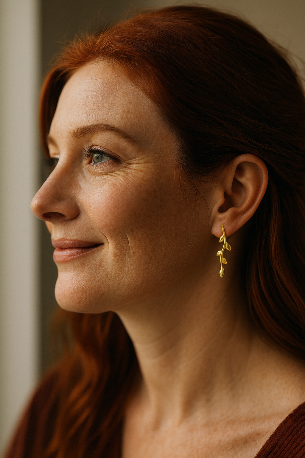 Leafy Branch Motif Climber Earrings in 14k Yellow Gold ..