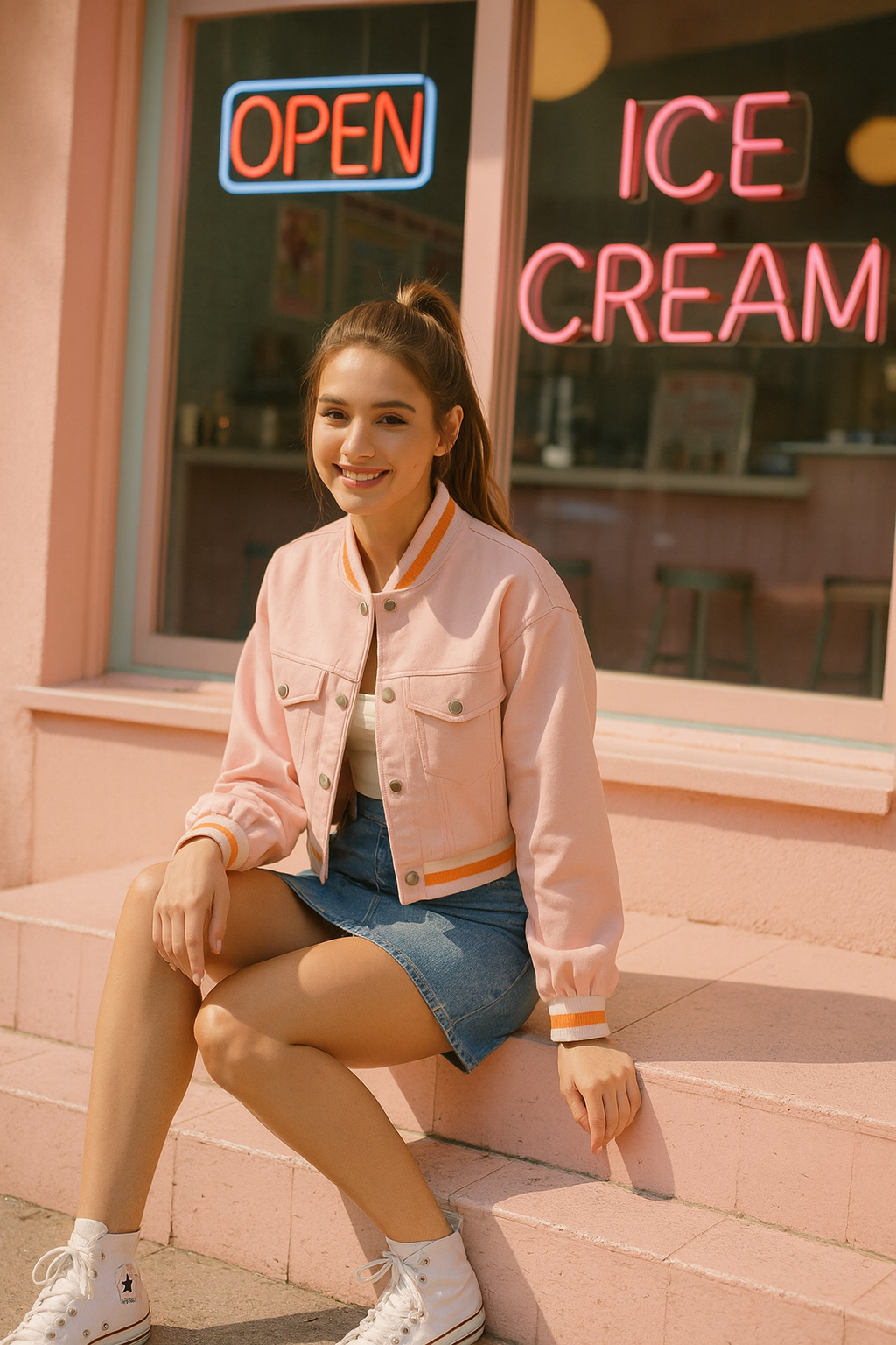 Woman in a pink jacket sitting on steps in front of an ice cream shop with neon signs.
