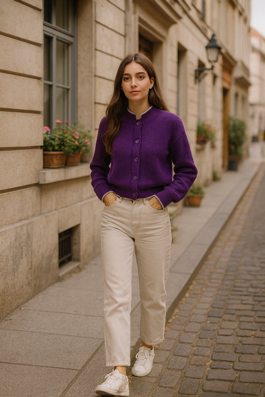 Woman in a purple shirt and beige pants standing on a street with buildings and plants in the background.