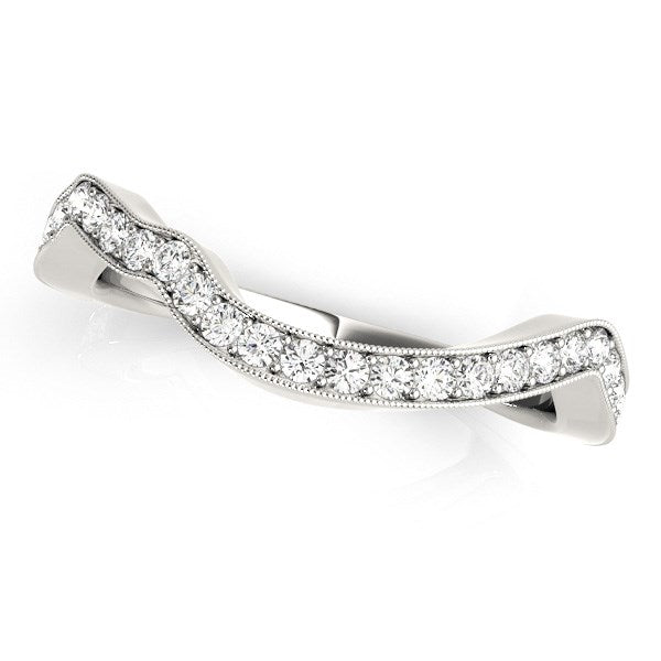 14K White Gold Milgrained Curve Style Diamond Wedding Band (1/5 cttw) – A delicate and elegant curved wedding band featuring a milgrain design with sparkling diamonds set in 14K white gold, perfect for stacking or wearing alone.