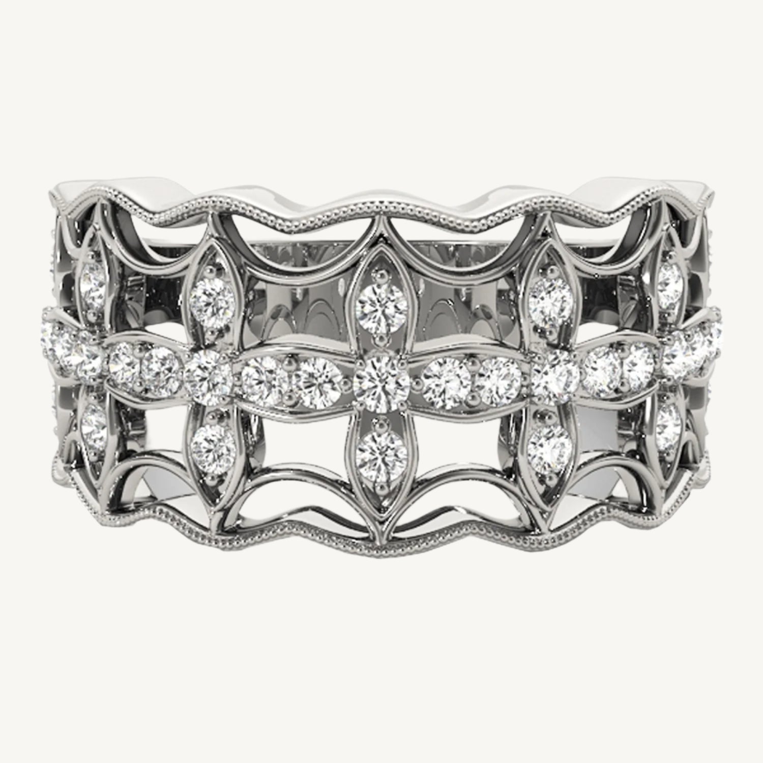 Diamond Studded Four Leaf Clover Motif Ring in 14K White Gold (1/4 cttw) – A charming four-leaf clover ring adorned with sparkling diamonds, set in 14K white gold, offering a stylish and lucky accessory.