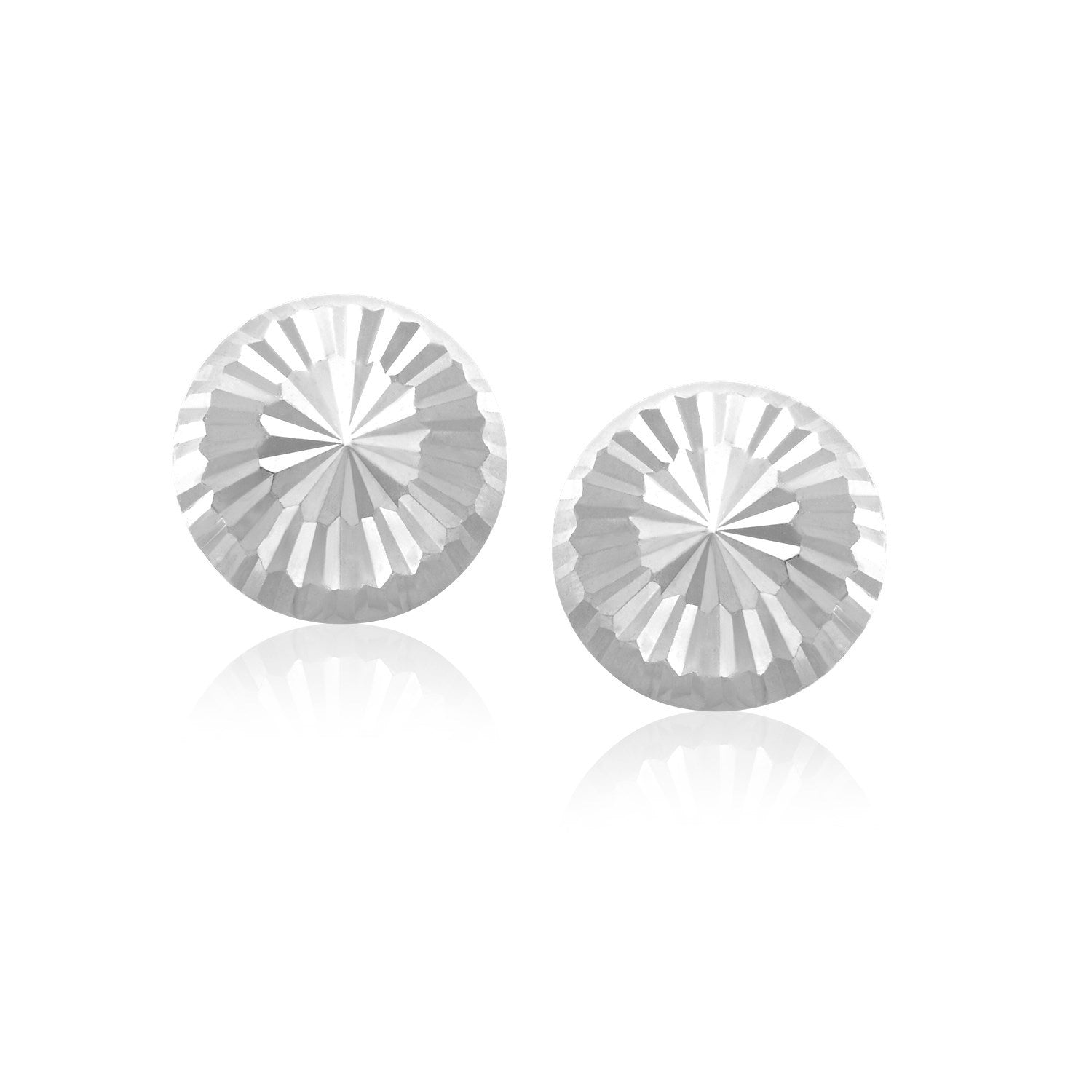 "14k white gold flat stud earrings with sunburst-style diamond cuts, elegant and radiant design."
