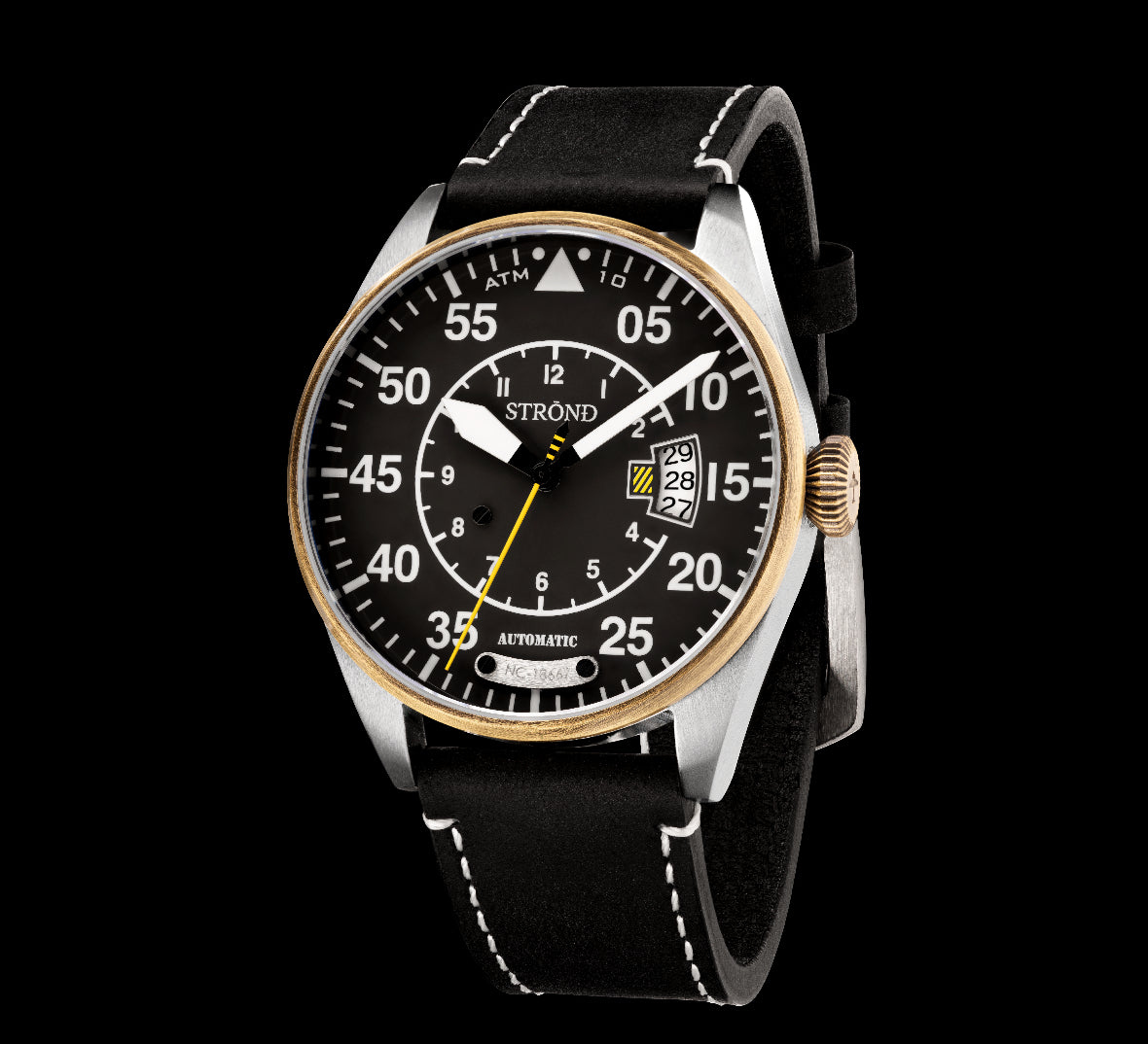 Watch with black dial and leather strap on a white background