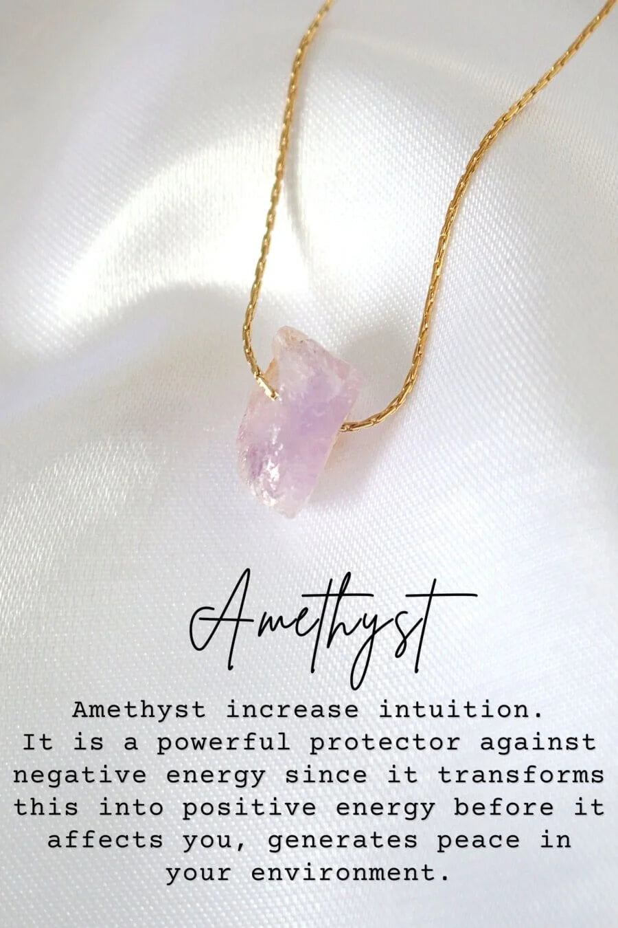Amethyst necklace on a white background with descriptive text.