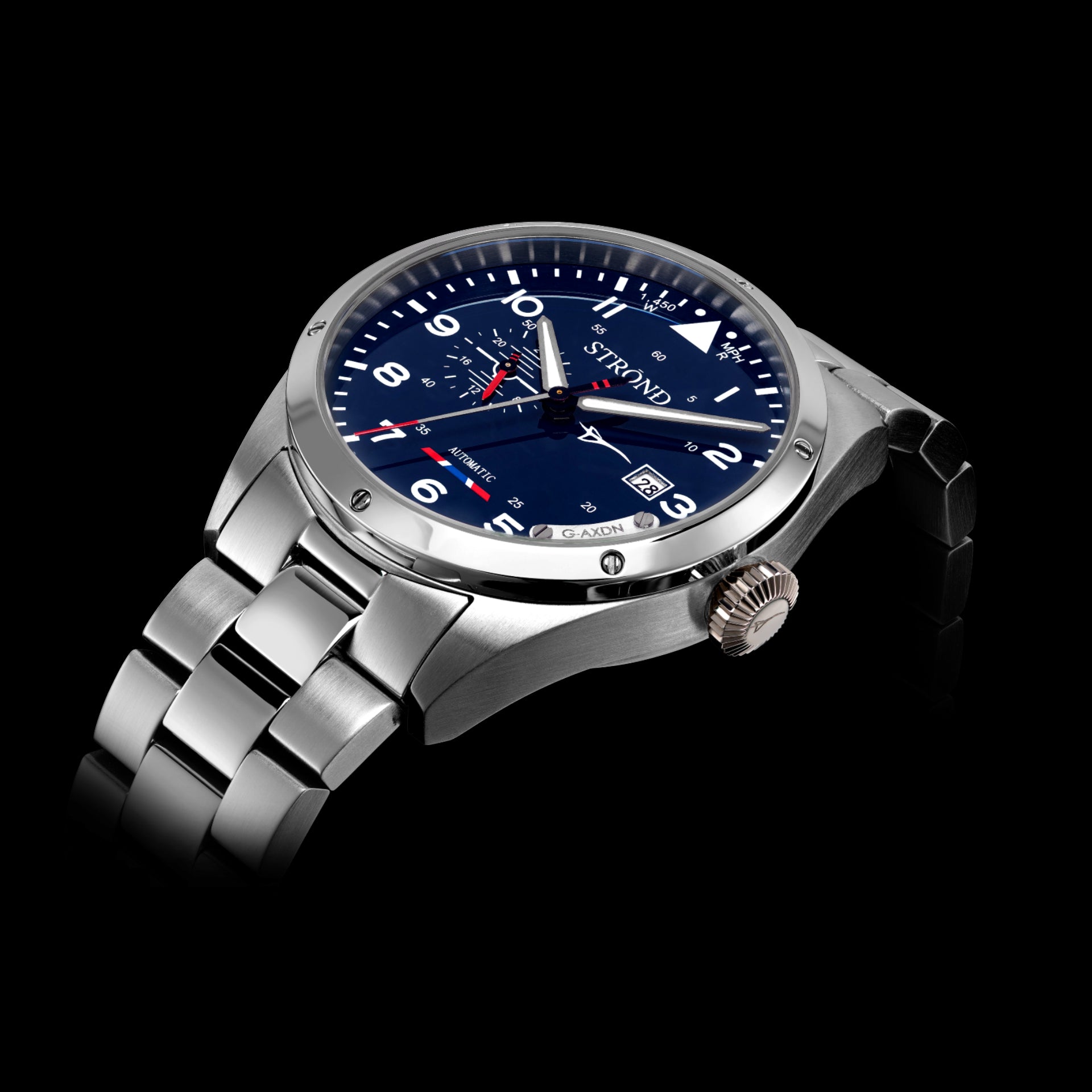 Silver watch with a blue face on a black background