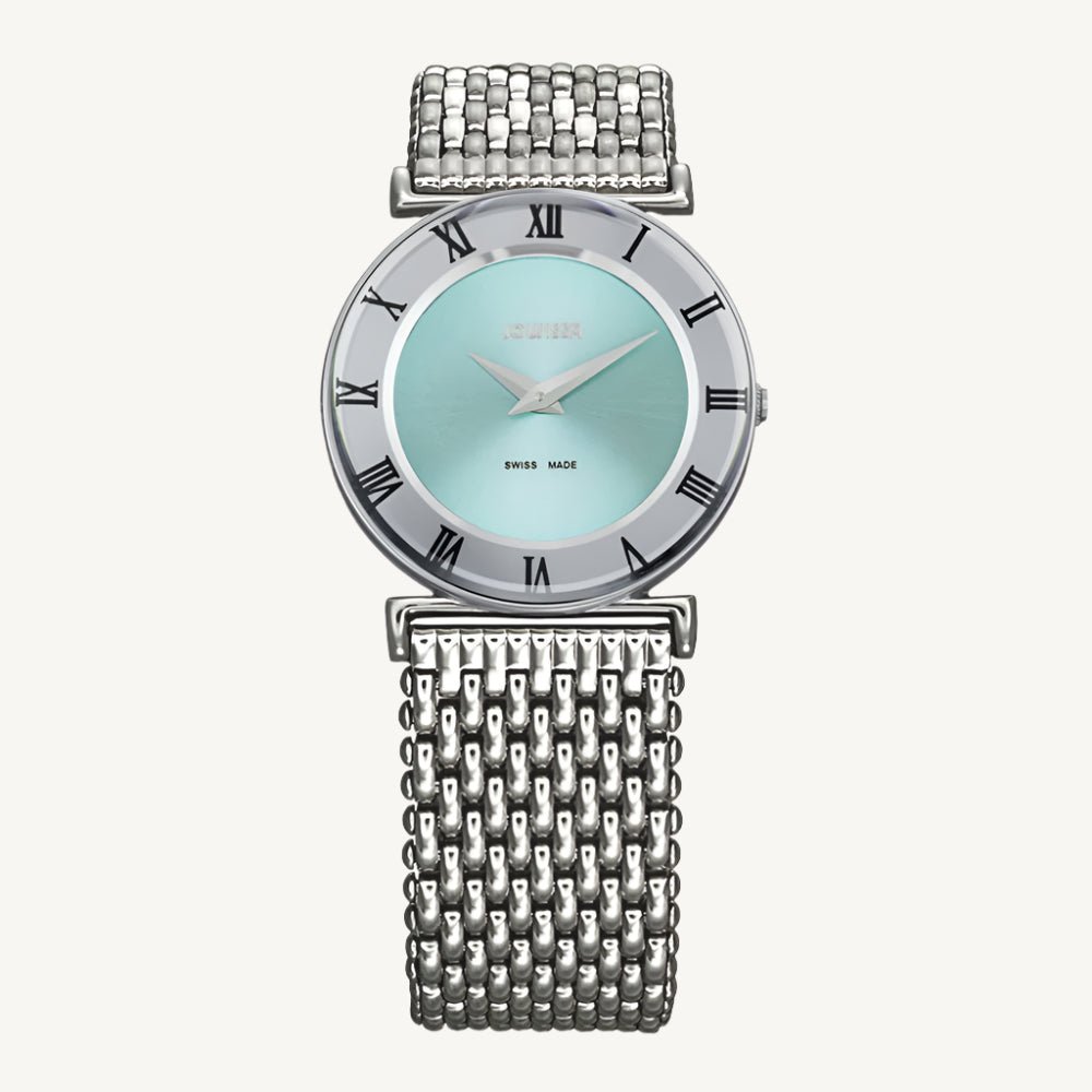 "Jowissa Roma silver ladies watch with blue dial, Swiss made, stainless steel strap, sapphire glass"