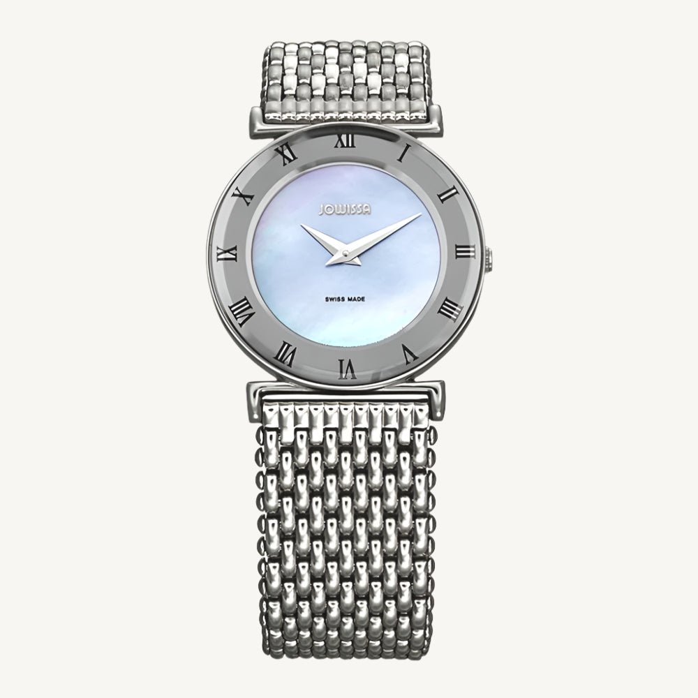 "Jowissa Roma ladies watch with silver stainless steel case and strap, blue mother-of-pearl dial, Swiss made, sapphire glass"
