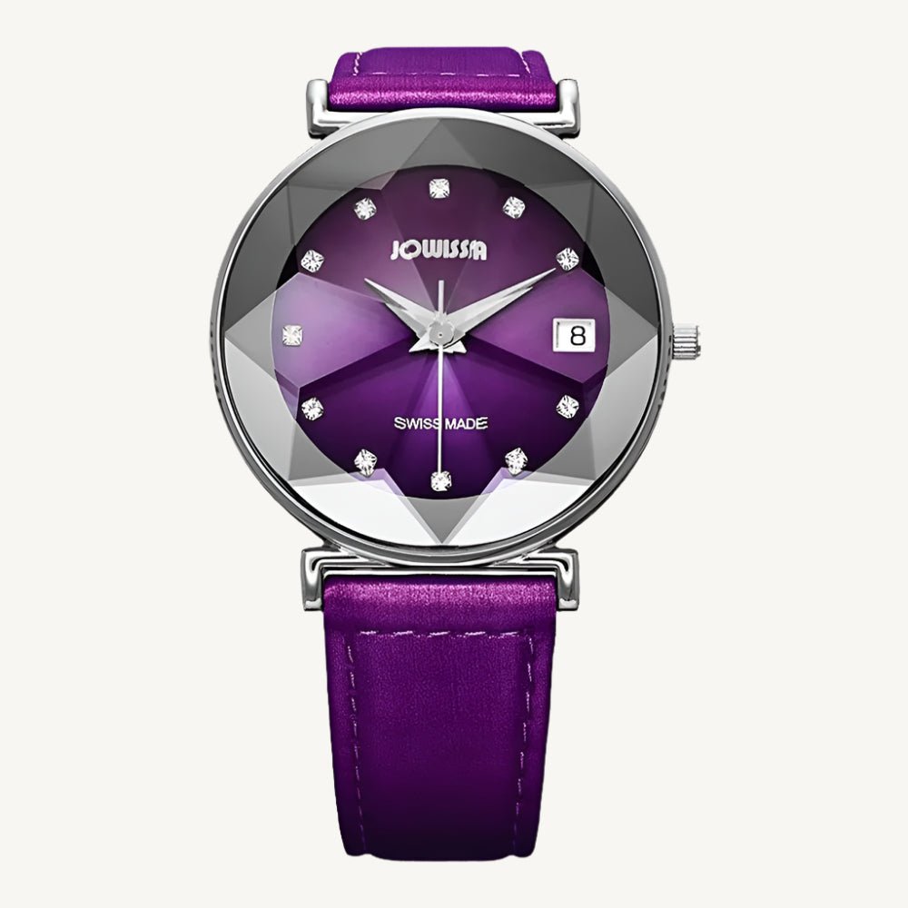 "Jowissa Facet ladies watch with silver case, purple leather strap, silver-purple dial with stones and date display, Swiss made"
