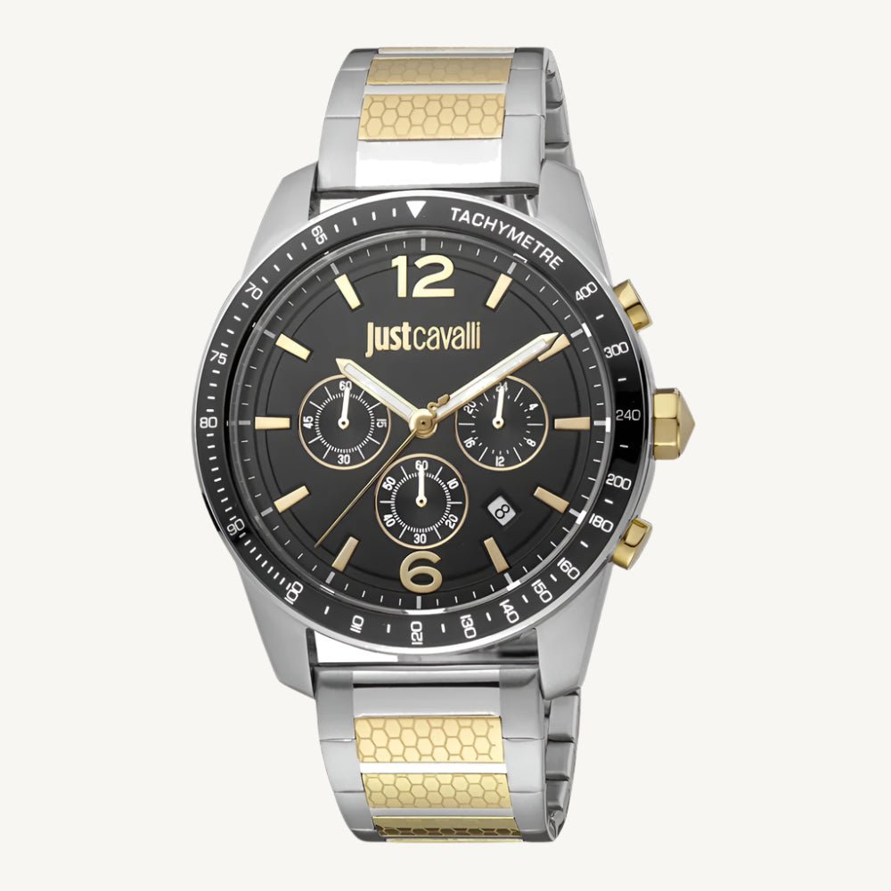 Just Cavalli JC1G204M0075 men’s chronograph watch with silver and gold-tone stainless steel case and bracelet, black dial, tachymeter scale, and date display – bold and stylish timepiece.