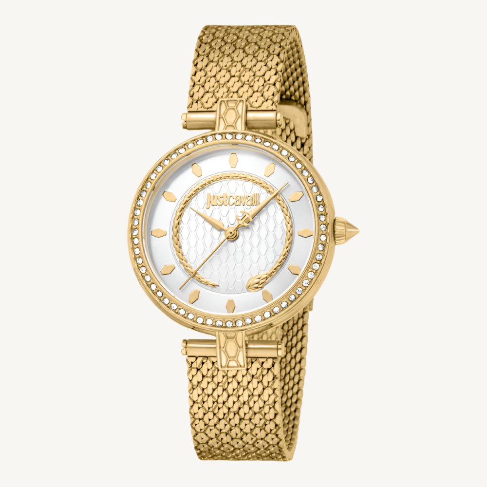 Just Cavalli Glam Chic JC1L240M0025 ladies watch with polished gold-tone stainless steel case, matte gold strap, silver dial, and stone-set bezel – luxurious and feminine fashion watch.