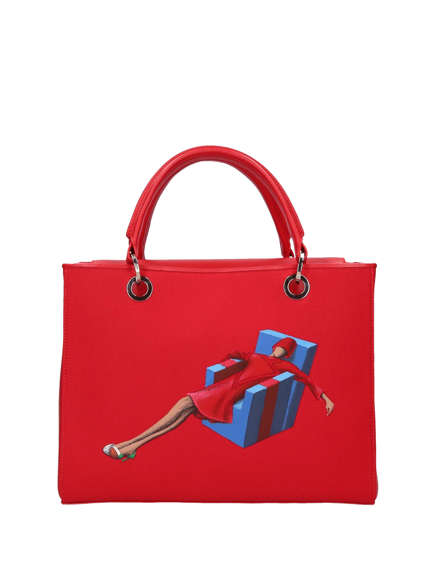 Hand-painted handbag with artwork on both front and back, featuring a red cotton logoed interior with four functional pockets, nickel-colored hooks and internal zip, double red leather handle, and a matching hand-painted leather and canvas shoulder strap that reflects the main painting’s theme, secured with a magnetic button closure.