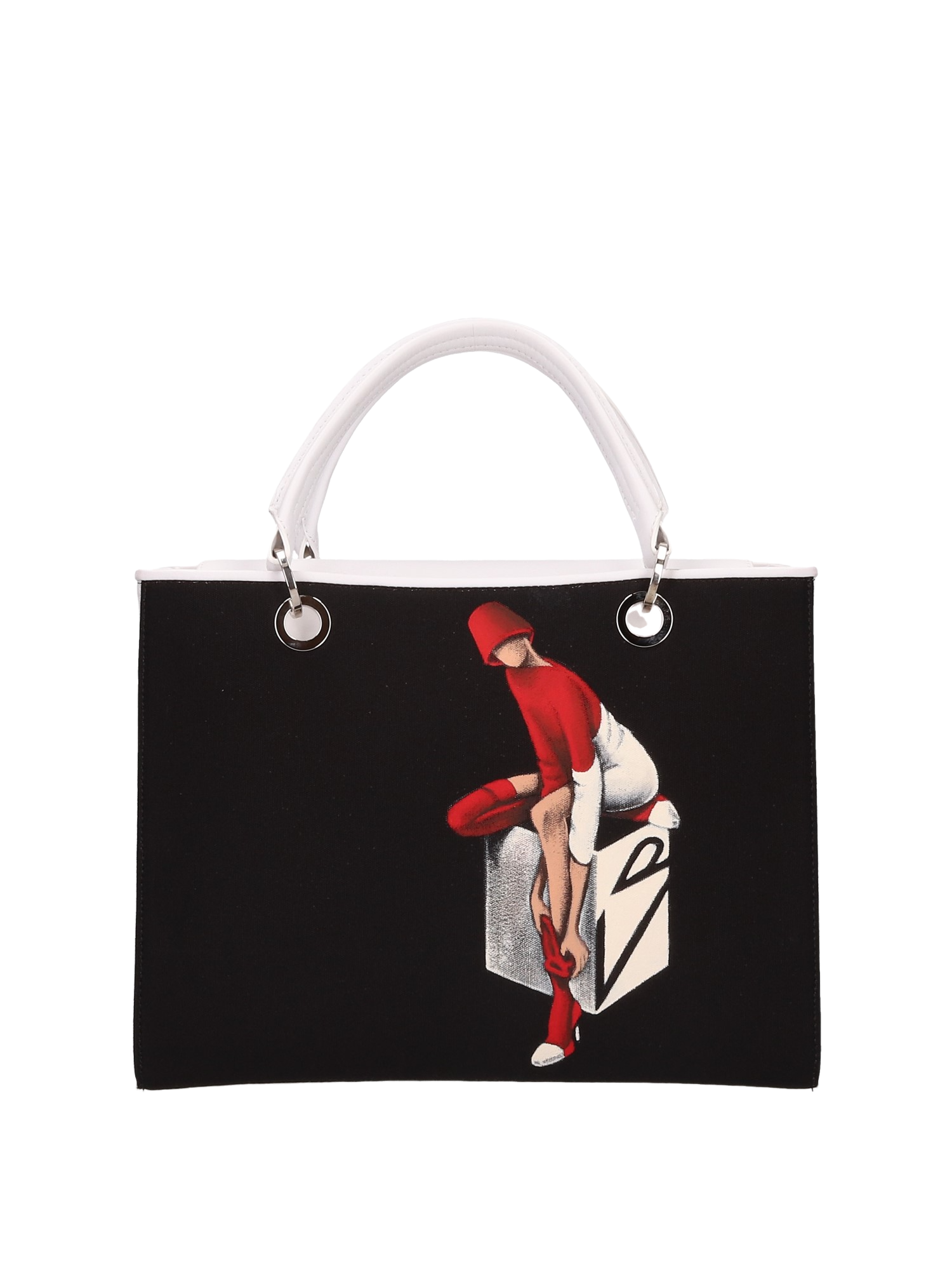 Hand-painted handbag with artwork on both front and back, red cotton logoed interior featuring four functional pockets, nickel-colored hooks and internal zip, double white leather handle, and a matching hand-painted leather and canvas shoulder strap reflecting the theme of the main painting, secured with a magnetic button closure.