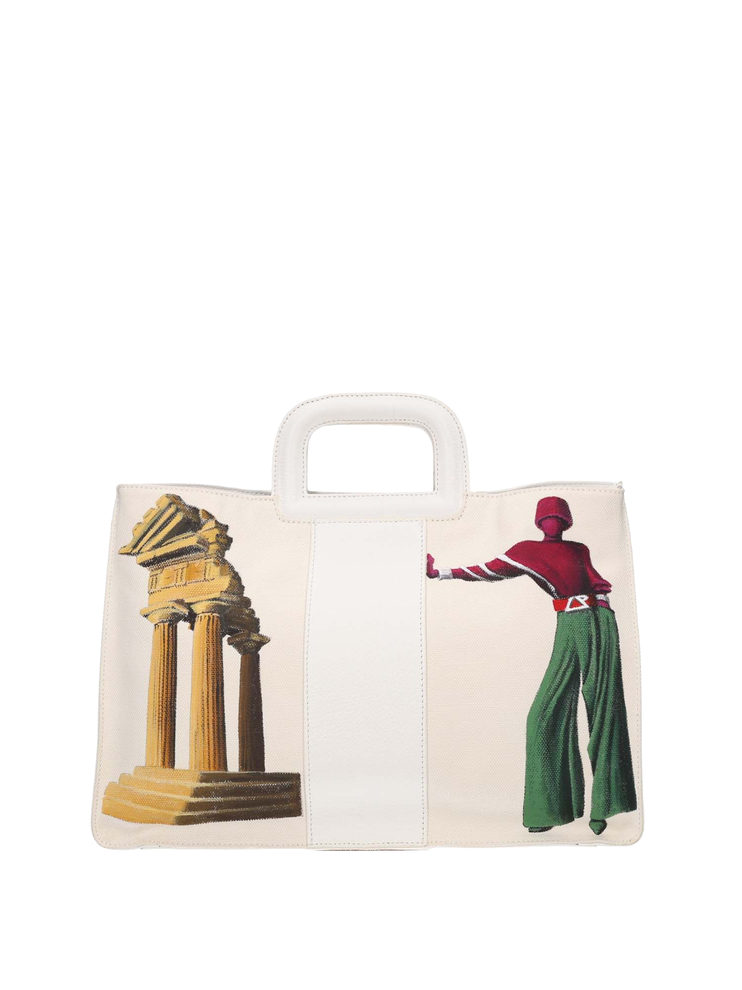 Artistic handbag hand-painted on both front and back, featuring a red cotton logoed interior with three functional pockets, central zip compartment, nickel-colored hardware, white leather handle, and a matching leather and hand-painted canvas shoulder strap echoing the main artwork, secured with double magnetic button closure.