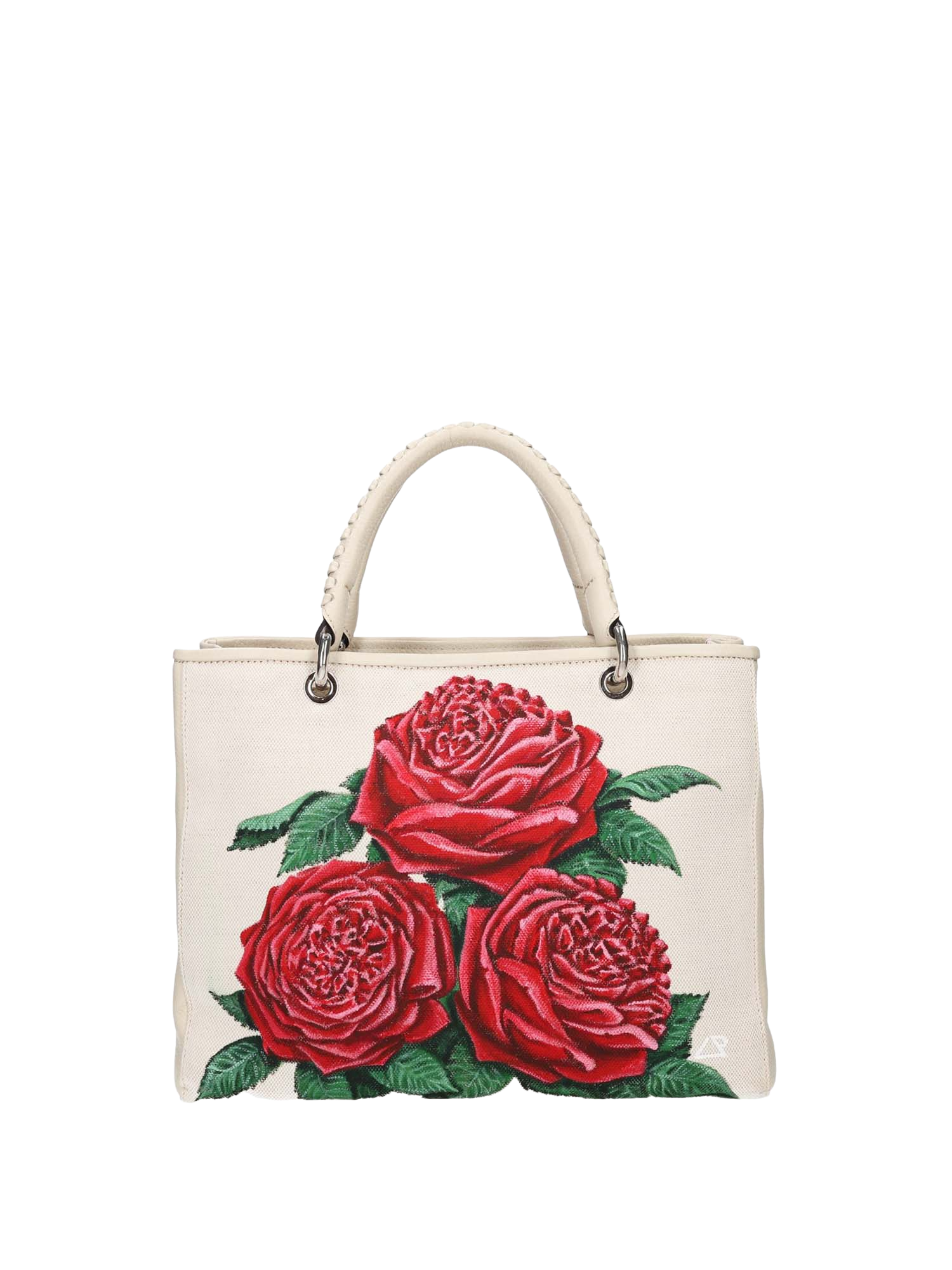 Hand-painted handbag with artwork on both front and back, burgundy cotton logoed interior with three functional pockets, central zip compartment, nickel-colored hardware, rope-colored woven leather handle and matching shoulder strap, secured with double magnetic button closure.