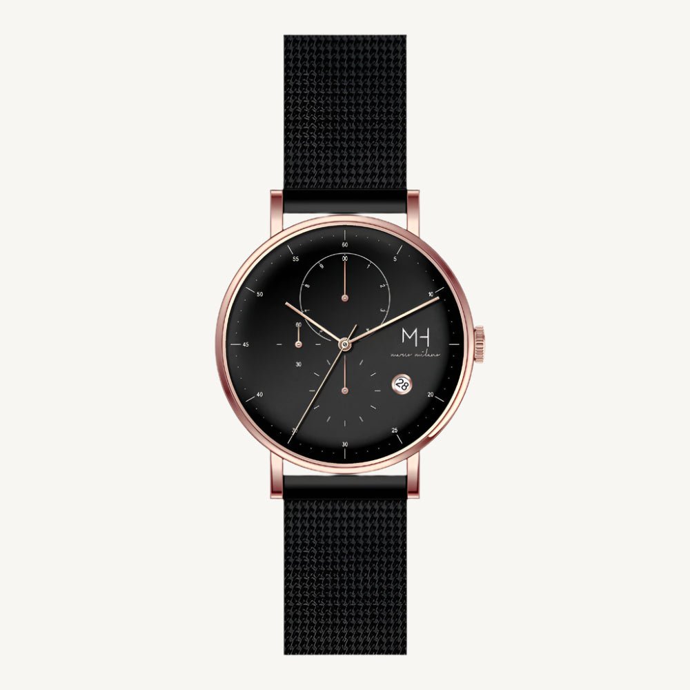 Marco Milano MH99199G1 men’s chronograph watch with polished rose gold-tone stainless steel case, black-coated bracelet, black dial, and stopwatch function – stylish Japanese quartz timepiece.