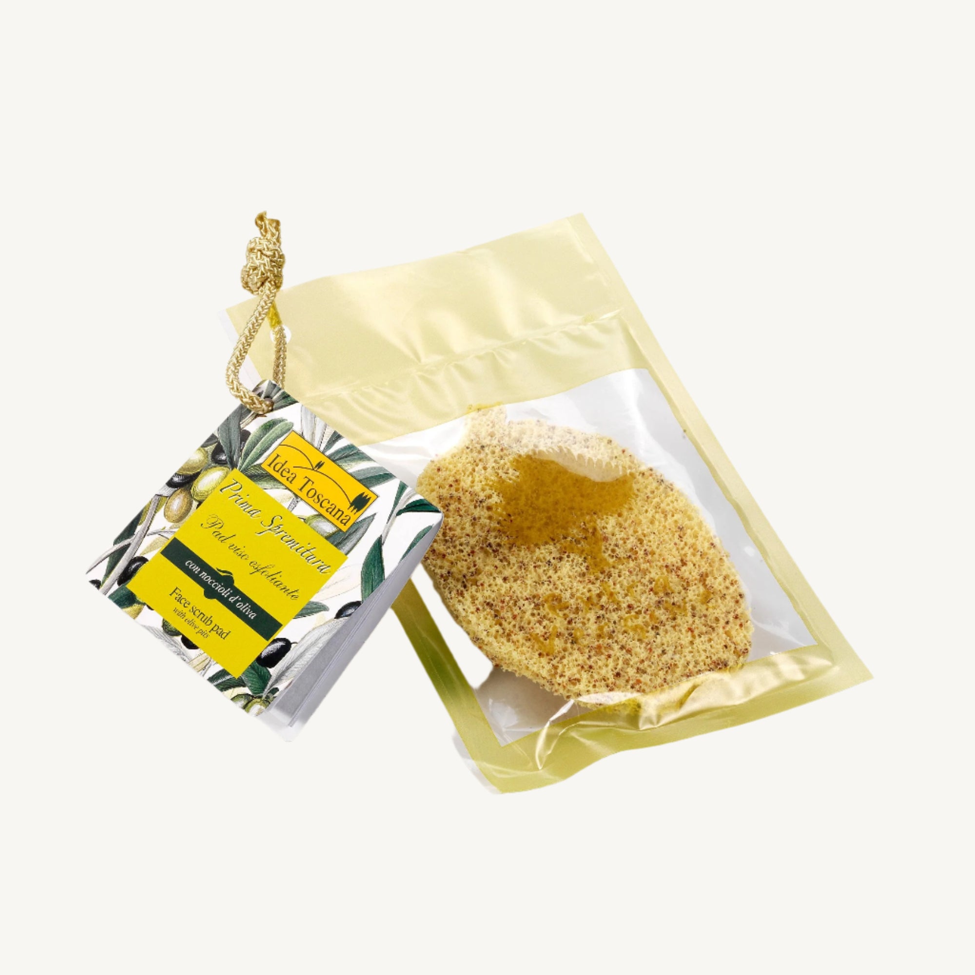 "Prima Spremitura Exfoliating Face Pad with Olive Pits – reusable exfoliating pad with micronized olive stones for deep cleansing, removing impurities, makeup, and buildup, helping to renew and brighten combination or oily skin."