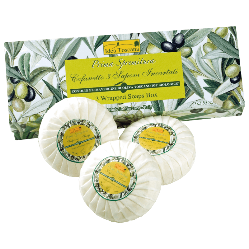 "Prima Spremitura Olive Marsiglia 3-Soap Gift Set – elegant gift box with three 100g individually wrapped bar soaps made with 100% Tuscan extra virgin olive oil, offering nourishing, hydrating, and antioxidant benefits for soft and youthful skin."