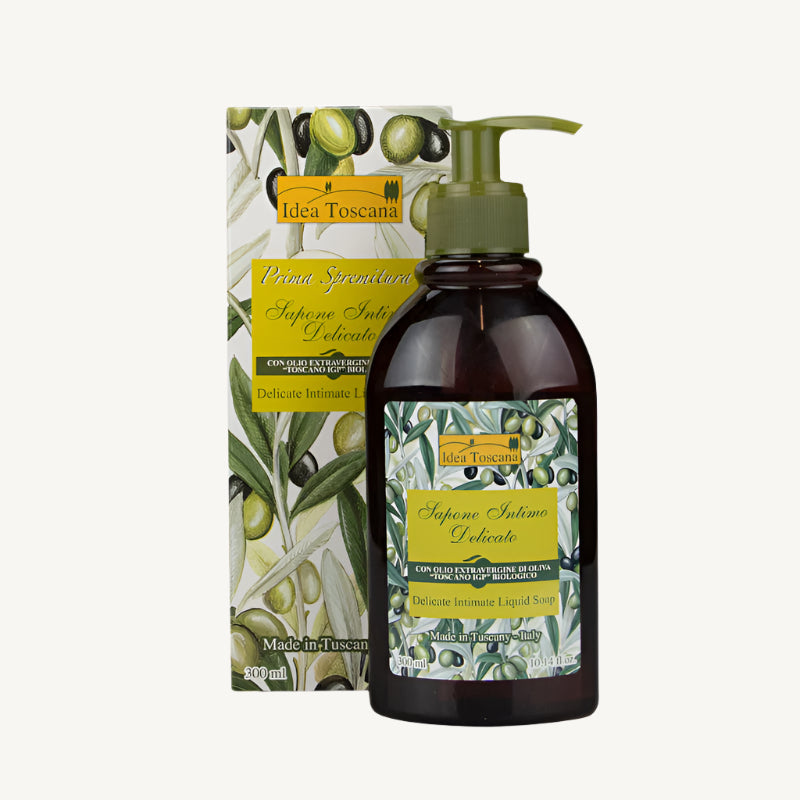 "Prima Spremitura Olive Intimate Hygiene Wash 300ml β gentle liquid cleanser with organic Tuscan PGI extra virgin olive oil and essential oils, inspired by Marseille soap tradition, designed for refreshing and soothing intimate care for both women and men."