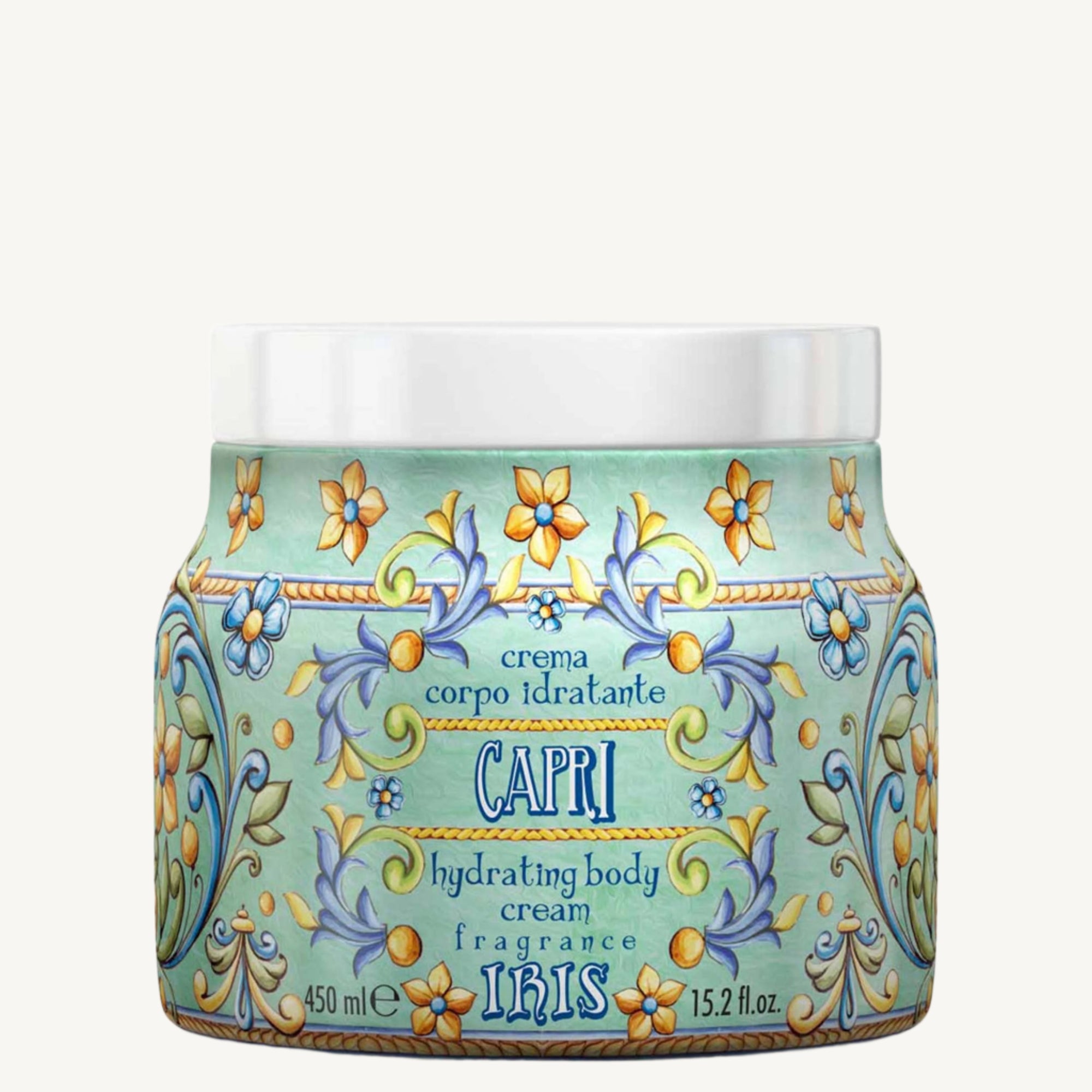 "Le Maioliche Capri Moisturizing Body Cream 450ml – fast-absorbing, non-greasy body cream with hydrating properties and a luxurious scent of iris and ylang-ylang, inspired by the charm of Capri and Italian majolica tradition."