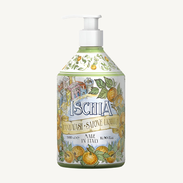 "Le Maioliche Ischia Liquid Hand Soap 500ml – luxurious liquid soap inspired by the island of Ischia, featuring sparkling notes of bergamot and orange with a floral heart of gardenia and rose, beautifully presented in majolica-style packaging."