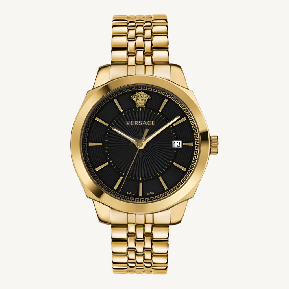 Versace Icon Classic menβs watch featuring a black dial, gold-tone stainless steel case and strap, with anti-reflective sapphire glass and Swiss quartz movement.