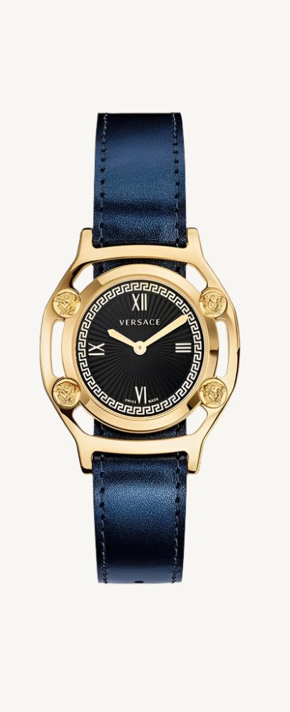 Versace VEVF00820 Medusa Frame ladies watch set featuring a gold-tone watch with Medusa logo, interchangeable bezels, and luxury gift packaging.