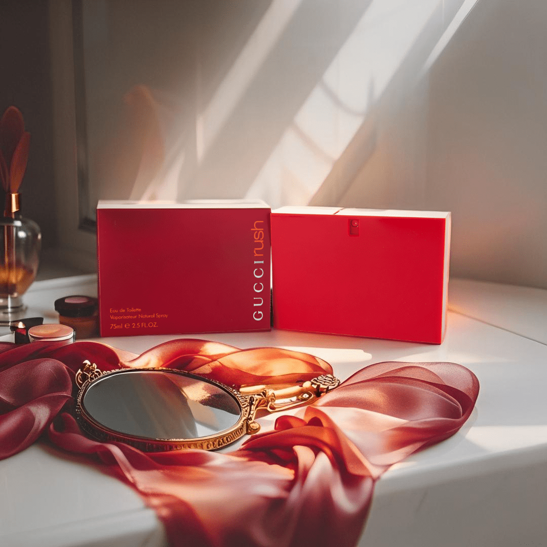 "Gucci Rush 2.5 oz Eau de Toilette Spray for Women – bold red rectangular bottle with minimalist design, reflecting the vibrant and sensual fragrance within."