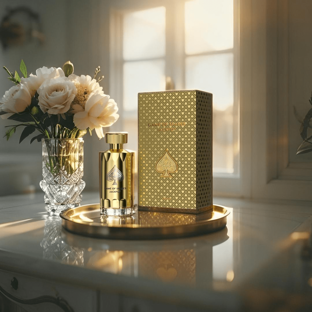 "Jo Milano Paris Game of Spades Jackpot 3.4 oz Parfum Spray – a luxurious gold-toned bottle adorned with an embossed spade emblem, reflecting elegance and sophistication."