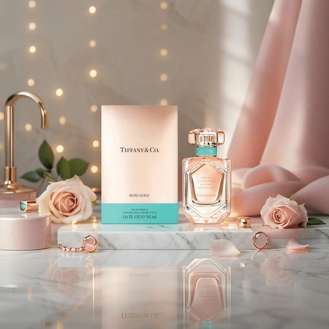"Tiffany & Co. Rose Gold 1.6 oz Eau de Parfum Spray for women – a luminous floral-fruity fragrance with notes of blackcurrant, blue rose accord, and ambrette seed, encased in a chic rose gold bottle."