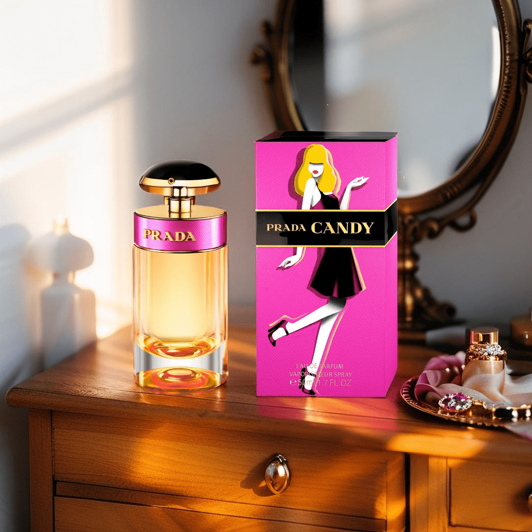 "Prada Candy 1.7 oz Eau de Parfum Spray for women – a bold and addictive gourmand fragrance with notes of caramel, benzoin, musk, and vanilla, celebrating playful femininity and modern indulgence."