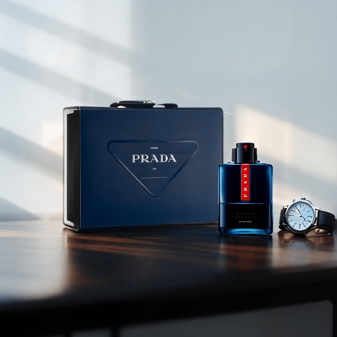 "Prada Luna Rossa Ocean Intense 2-piece set for men – includes a full-size 3.3 oz EDP and a 0.33 oz travel spray, featuring a deep, marine-amber scent with notes of grapefruit, incense, iris, and patchouli."