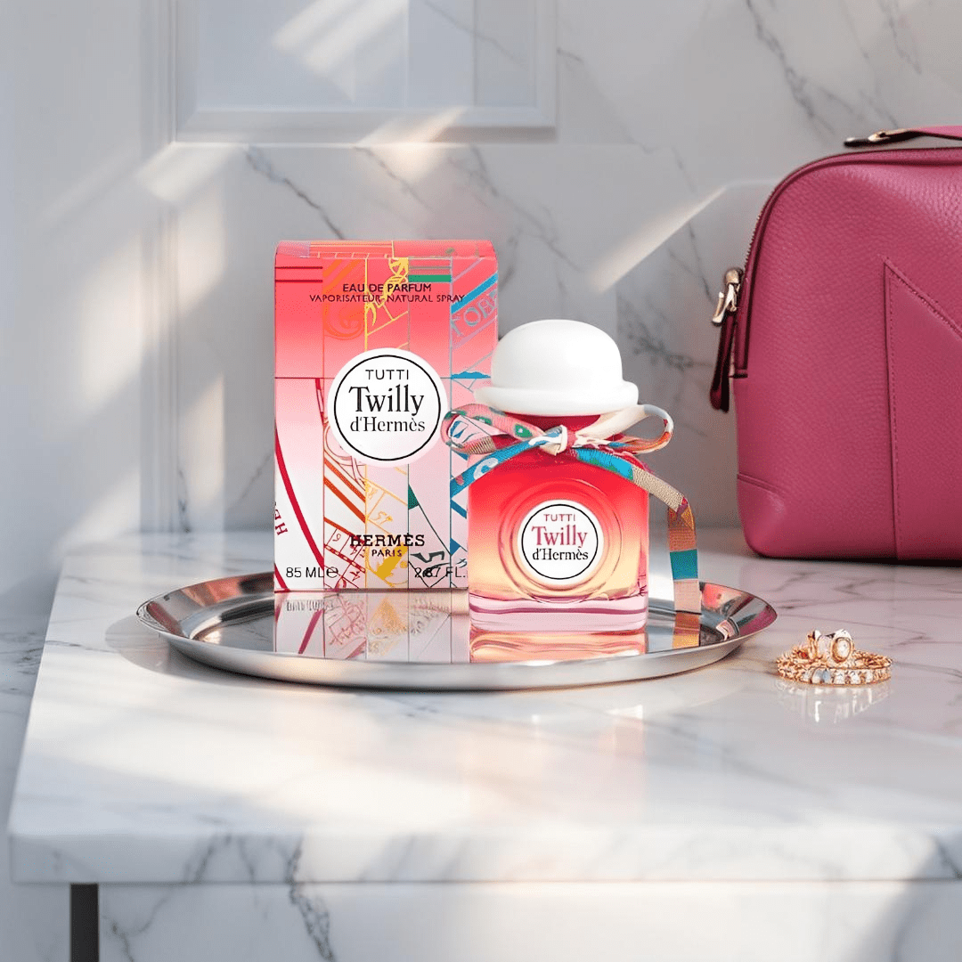 Tutti Twilly d’Hermès perfume bottle — a vibrant floral-fruity fragrance created by Christine Nagel, inspired by the energy and freedom of young women.