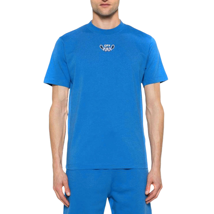 Off-White light blue t-shirt displayed flat, featuring minimalist branding and relaxed fit — an understated icon of streetwear style.