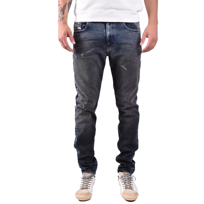 Diesel blue jeans with a raw denim finish, styled flat to show rugged texture and authentic edge — bold design with confident attitude.