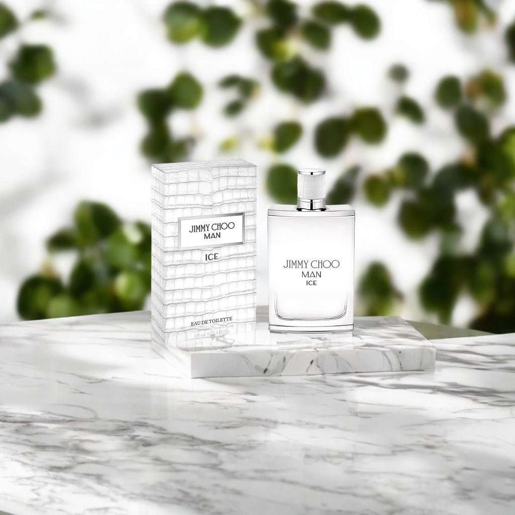 "Jimmy Choo Man Ice 3.3 oz Eau de Toilette Spray – a sleek, frosted glass bottle with a silver-toned cap, exuding freshness and modern masculinity."