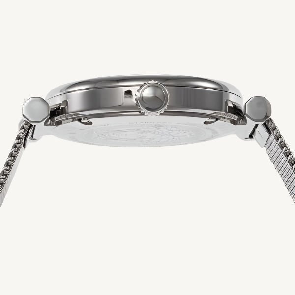 Versace VE1CA0423 Lady ladies watch with silver-tone polished/matte stainless steel case and bracelet, silver-grey dial, sapphire glass – sophisticated Swiss quartz watch for women.